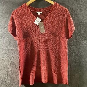J. Jill Women's XS Open Knit V Neck Cap Sleeve Sweater Red Rock Rust Tunic Top